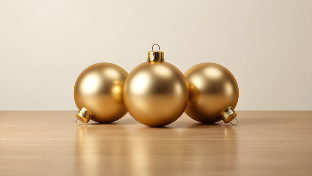 Three separate plain gold ornament spheres with natural satin reflectance for New Year 2027 celebration, hospitality and annual-planning campaign