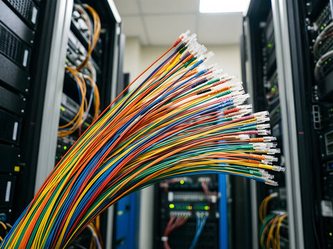 Completed practical result featuring a carefully routed bundle of colored fiber-optic strands with plain connectors, reduced to an adaptable high-clarity campaign composition for high-speed