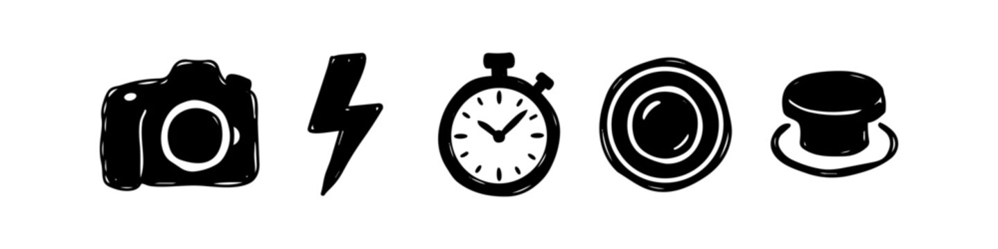 Hand-drawn doodle photography icon set featuring a DSLR camera, flash lightning, timer stopwatch, lens, and shutter button isolated on a white background.