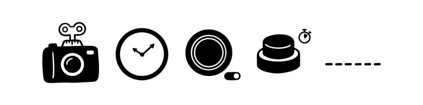 Set of black icons depicting camera timer and shutter release concepts, including wind-up camera, clock, dial, and button with timer symbol on a white background.