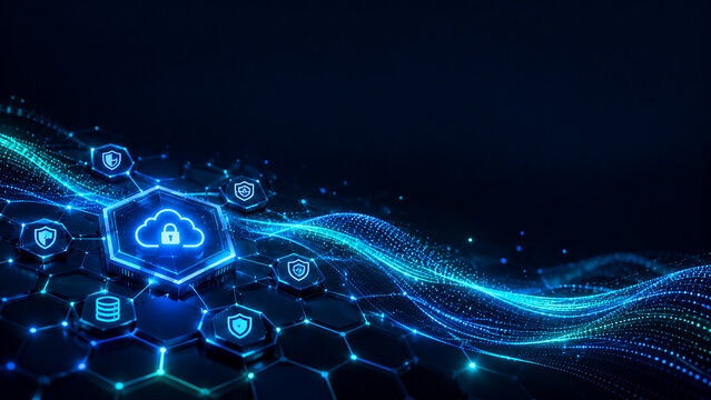 Secure cloud computing with glowing hexagons, cybersecurity data protection network abstract technology background