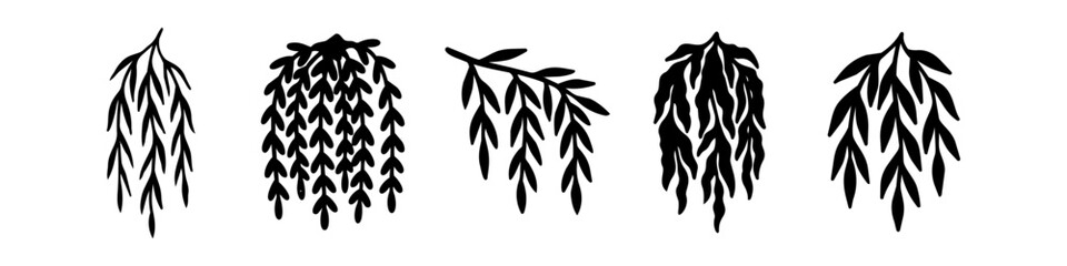 Obraz premium Set of weeping willow branch silhouettes isolated on white background. Botanical hanging leaves, vines, and plant twig silhouettes vector illustration.
