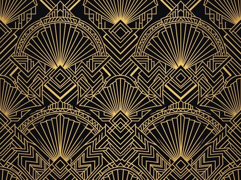 Luxury art deco seamless pattern with golden geometric fan lines on black background