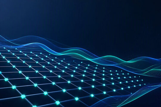 Digital glowing grid with flowing blue and green waves, futuristic data network abstract background design