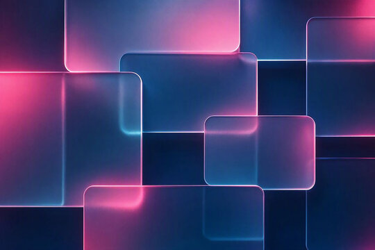Abstract glass squares with neon pink and blue light beams, modern futuristic gradient background art