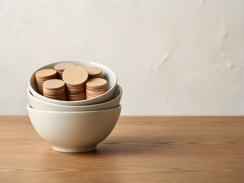 Functional process state built around nested ceramic bowls holding increasing groups of unmarked wooden tokens, reduced to an adaptable high-clarity campaign composition for savings, budgeting