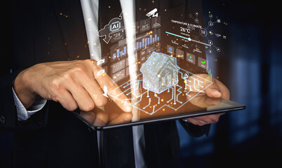 Business Professional Interacting with Virtual Technology Displaying Data Analysis and Smart Home Visualization on Digital Tablet Screen. Sentient. © InfiniteFlow