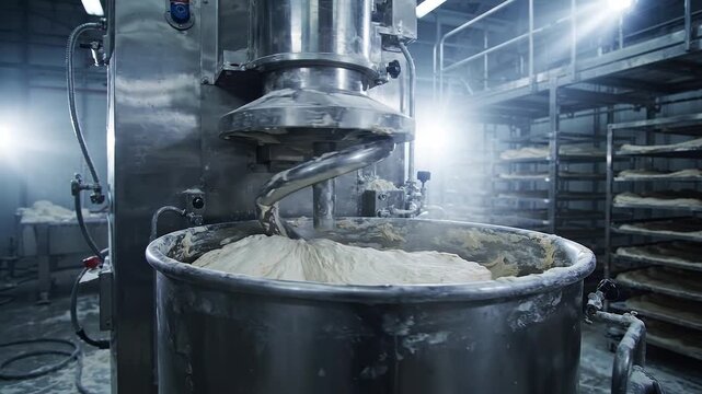 Industrial dough mixer processes fresh wheat dough inside a large bakery production facility at night time.