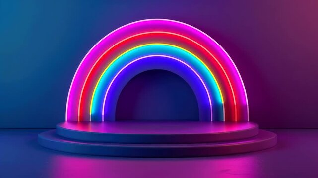 Neon Rainbow Arch Over a Multi-Tiered Podium