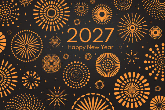 Orange fireworks 2027 Happy New Year illustration, festive backdrop, texture. Abstract geometric design. Exploding pyrotechnics, celebration, party, holiday banner, background. Flat vector