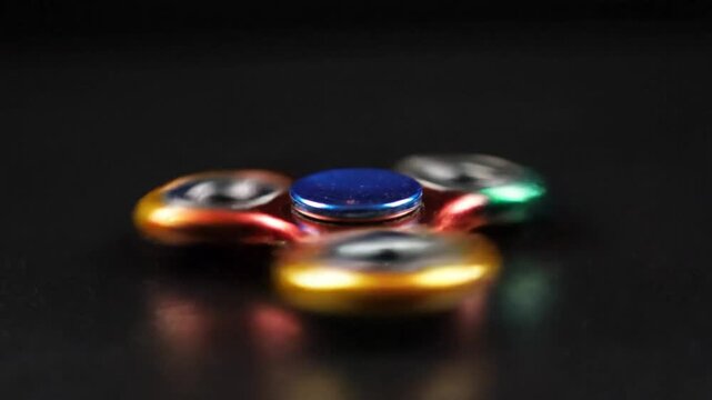 Handheld fidget spinner spinning on a dark background, showing various colorful designs, a concept of entertainment