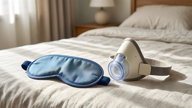 Functional process state built around a plain sleep mask beside a generic nasal breathing support device, reduced to an adaptable high-clarity campaign composition for sleep health and restorative