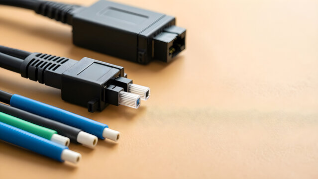 Functional process state built around several distinct unbranded optical transceiver modules beside clean fiber ends, reduced to an adaptable high-clarity campaign composition for telecommunications