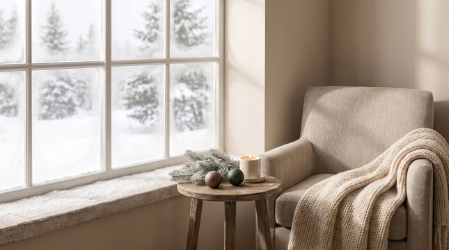 Cozy winter reading nook with a comfortable armchair, warm knit throw blanket, and a lit candle by a snowy window view with copy space