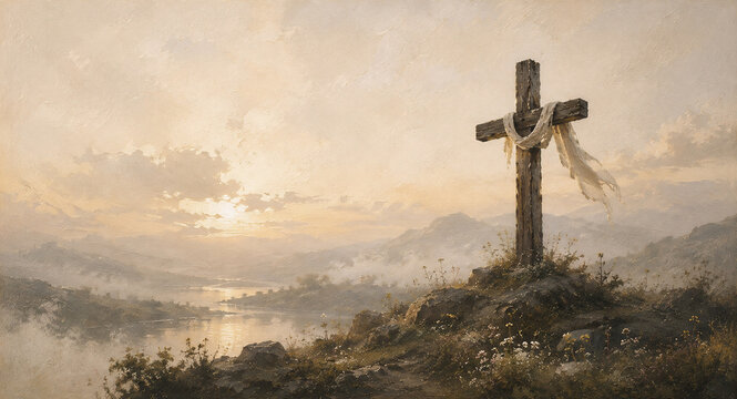Christian Cross Draped with White Cloth on Hill, Easter Resurrection, Salvation and Hope