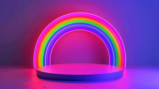 Neon Rainbow Arch over a Circular Podium in a Glowing 3D Space