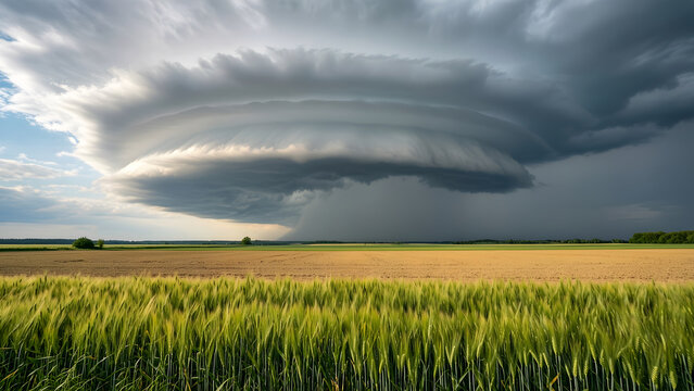 Mid-distance environmental scene of a layered shelf cloud approaching an open agricultural plain, reduced to an adaptable high-clarity campaign composition for weather awareness and climate