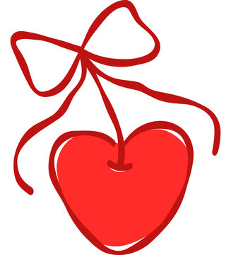 Hand Drawn Heart Shaped Cherry with Ribbon Bow Coquette Sweet Fruit Vector Clipart