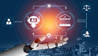 Obraz premium Hand of a Robot Offering Digital Interface with Icons of AI, Law, Justice, and Governance in a Futuristic Cityscape Background Quark.