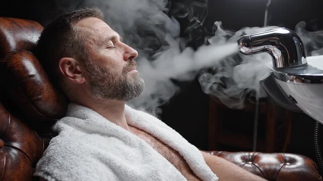 A bearded middle aged caucasian man receiving professional head steam treatment at a modern barbershop salon.