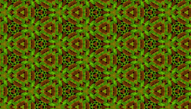Dense green and brown geometric texture featuring repeating interlocking diamond and lattice motifs, creating an intricate ornamental surface pattern.