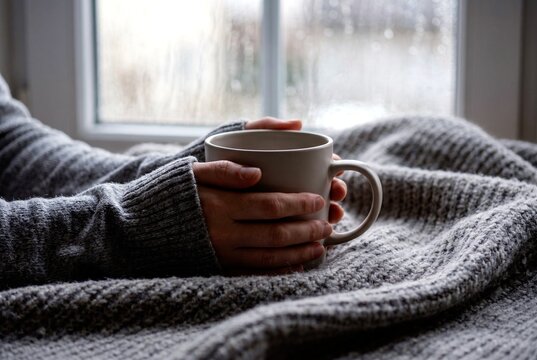 Hands holding a warm mug of tea, wrapped in a cozy blanket by a window on a rainy day