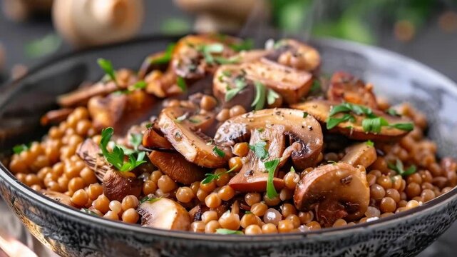 Hearty lentils simmered with sauteed mushrooms