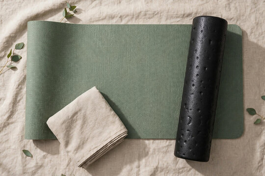 Yoga mat with foam roller flat lay