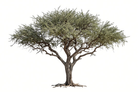 Ultra-realistic mature Ghaf Tree (Prosopis cineraria), iconic Arabian desert tree with deeply textured gray-brown trunk, spreading twisted branches, fine feathery gray-green foliage,