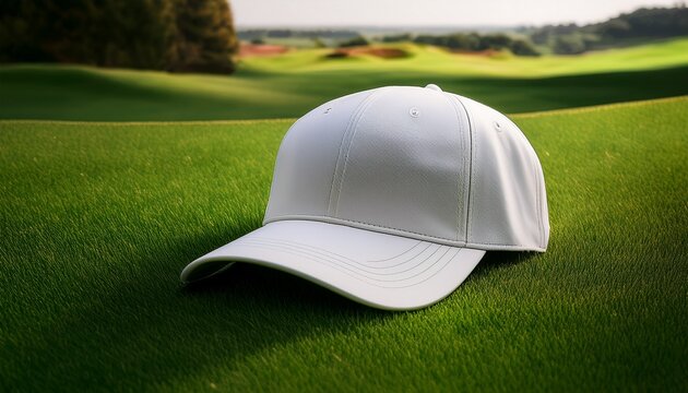 white baseball cap blank mockup on grass golf course outdoors minimalist sporty headwear apparel accessory empty green background hat plain sporty uniform mock up marketing advert isolated plain