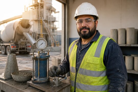 Concrete air content testing - a quality technician beside a clamped meter