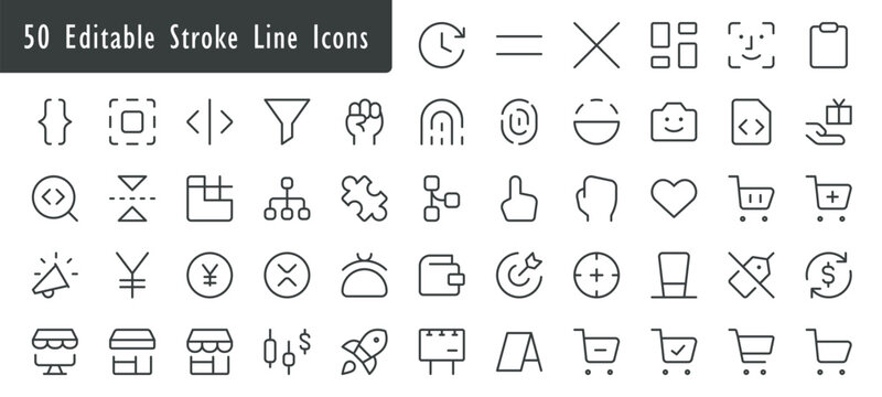 50 Editable Stroke Line Icons Set, Minimalist Black Outline Web Interface Symbols, Vector UI UX Business Graphic Elements