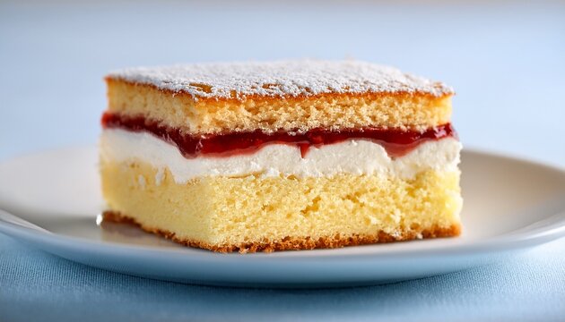 close up macro shot of a sponge cake slice with layers of cream and jam showcasing a soft texture and fine crumb structure on a white plate