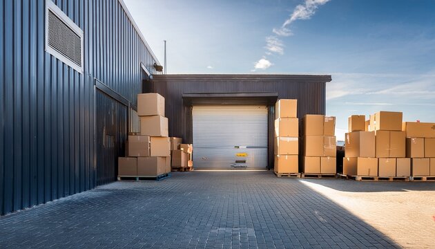 boxes are stacked on carts in a storage area near loading dock during daytime