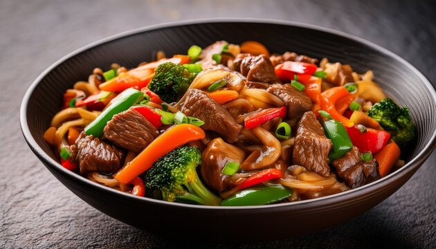 close up macro shot of colorful chop suey with vegetables and beef in a dark bowl on a textured surface showcasing vibrant colors and fresh ingredients