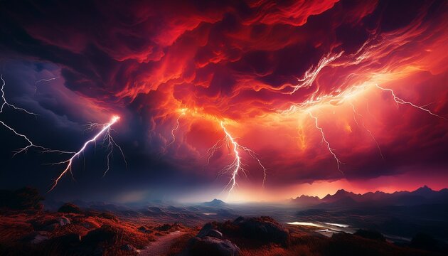 awesome thunderbolt in dark night sky a stunning red sky lightning storm generative ai