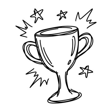 Hand drawn doodle of a trophy cup with sparkling stars representing success and achievement