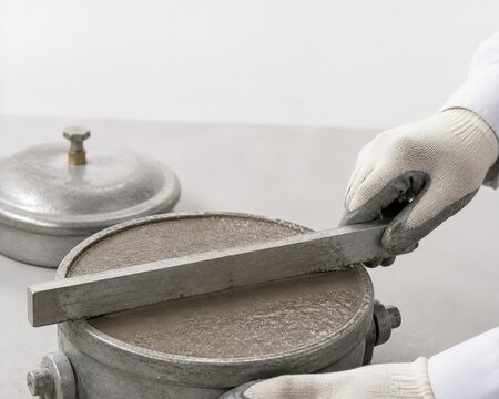 Concrete air content testing - hands striking off a meter bowl