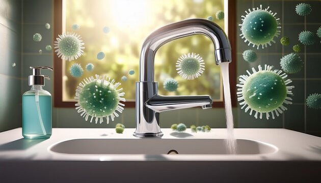 stylized floating bacteria around a running faucet in a bathroom sink with natural light and a matte bottle on the counter