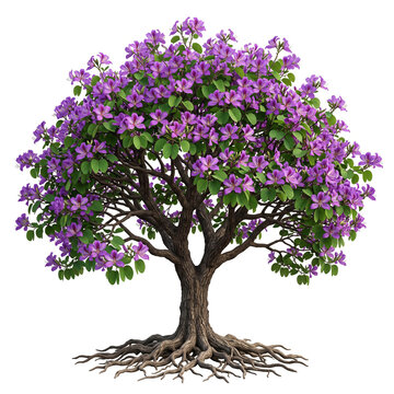 Mature Purple Orchid Tree Kachnar, spreading canopy with numerous large orchid-like purple flowers and distinctive bilobed leaves, sturdy trunk and exposed roots, full tree visible