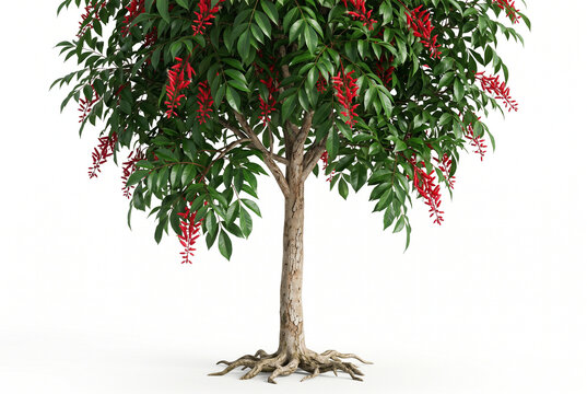 Mature Quassia tree, slender tropical form, pinnate glossy leaves, red flower clusters, textured trunk and exposed roots, ultra-realistic 8K botanical photography, sharp focus, isolated pure white,
