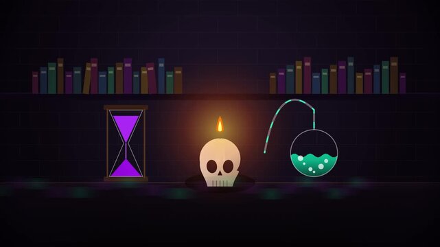 Alchemist Laboratory with Glowing Skull Candle Hourglass and Magic Potion