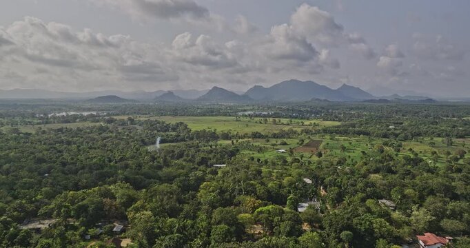 Sigiriya Sri Lanka Aerial v1 drone flyover massive farming fields capturing beautiful scenery of rural countryside and landscape views of mountains and hills - Shot with Mavic 3 Cine - April 2023