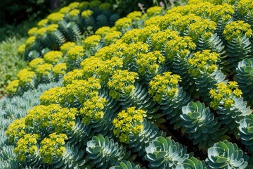 Obraz premium Green succulent plants with bright yellow flowers grow in Toronto garden. Close up view of euphorbia microphylla leaves, blooming bracts. Summer green plants creates natural pattern in outdoor