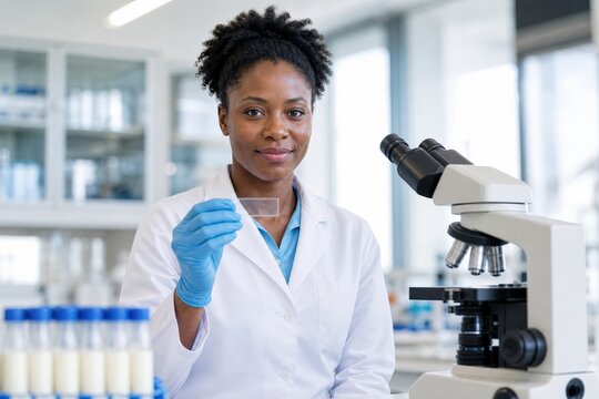 Milk somatic cell testing - a scientist holding a prepared microscope slide