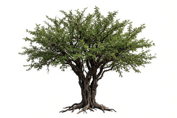 Fototapeta premium Mature Logwood tree, dense thorny branching crown, small compound leaves, dark rugged trunk and visible exposed roots, ultra-realistic 8K, razor-sharp, isolated white background,