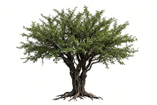 Mature Logwood tree, dense thorny branching crown, small compound leaves, dark rugged trunk and visible exposed roots, ultra-realistic 8K, razor-sharp, isolated white background,