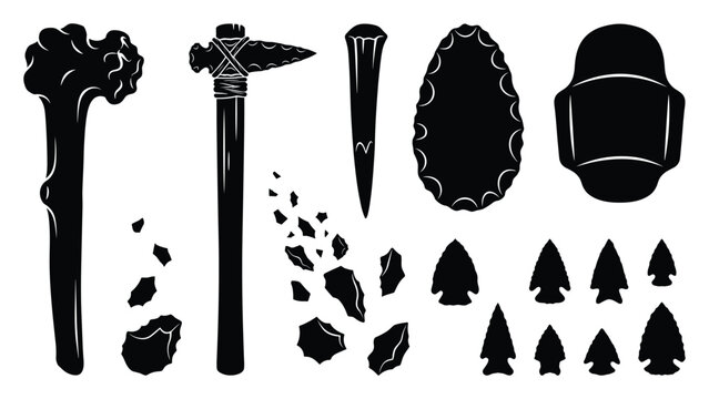 Prehistoric stone tools and in black silhouette including axes, arrowheads, and flint scrapers on a white background