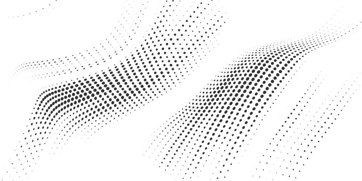 Black flowing halftone wave pattern vector illustration for abstract background, modern technology design, poster, banner, branding and digital artwork