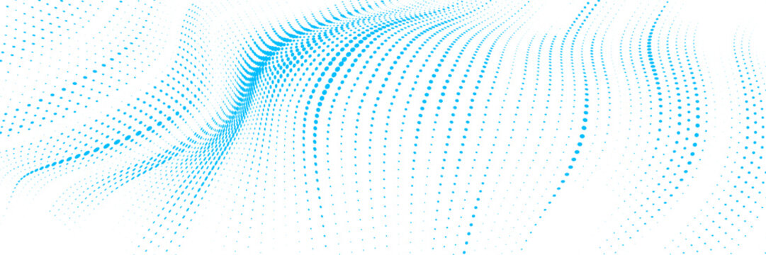Blue abstract flowing halftone wave pattern vector illustration for modern background, technology design, dynamic poster, banner, branding and digital art